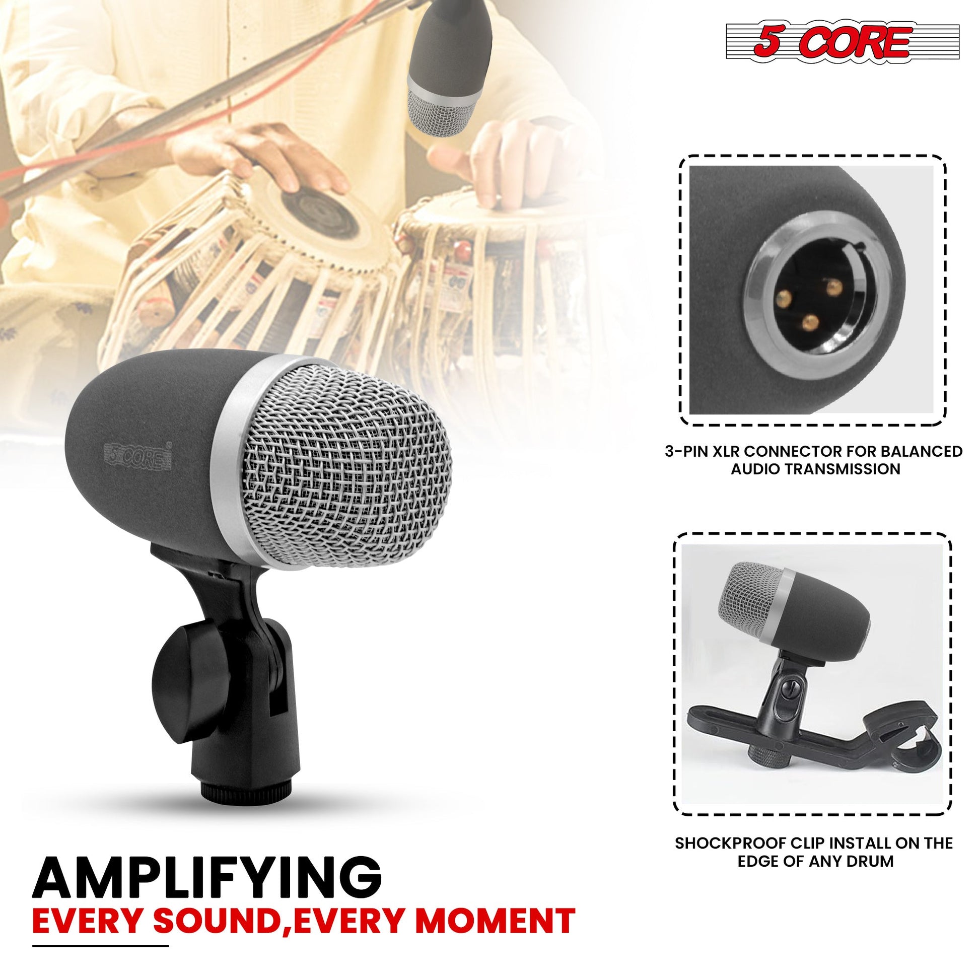 5 Core Tabla Mic XLR Wired Uni Directional Snare Tom Instrument Microphone BLACK-2