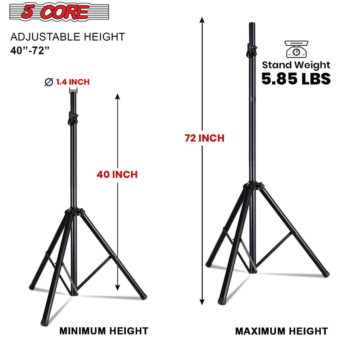5Core Speaker Stand Tripod Tall Adjustable 72 Inch DJ Pole Mount Studio Monitor Stands BLACK 1 PK-1