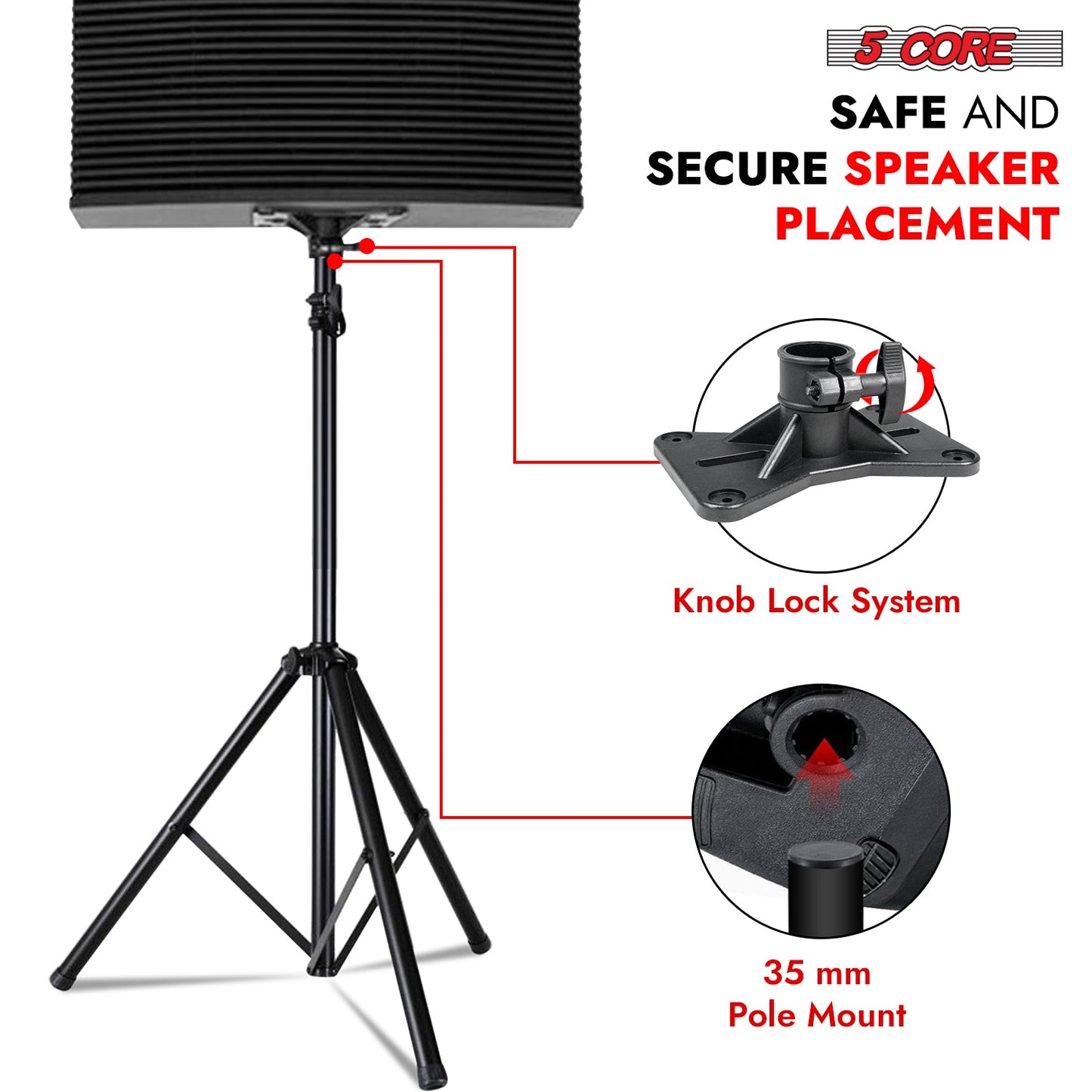 5Core Speaker Stand Tripod Tall Adjustable 72 Inch DJ Pole Mount Studio Monitor Stands BLACK 1 PK-3