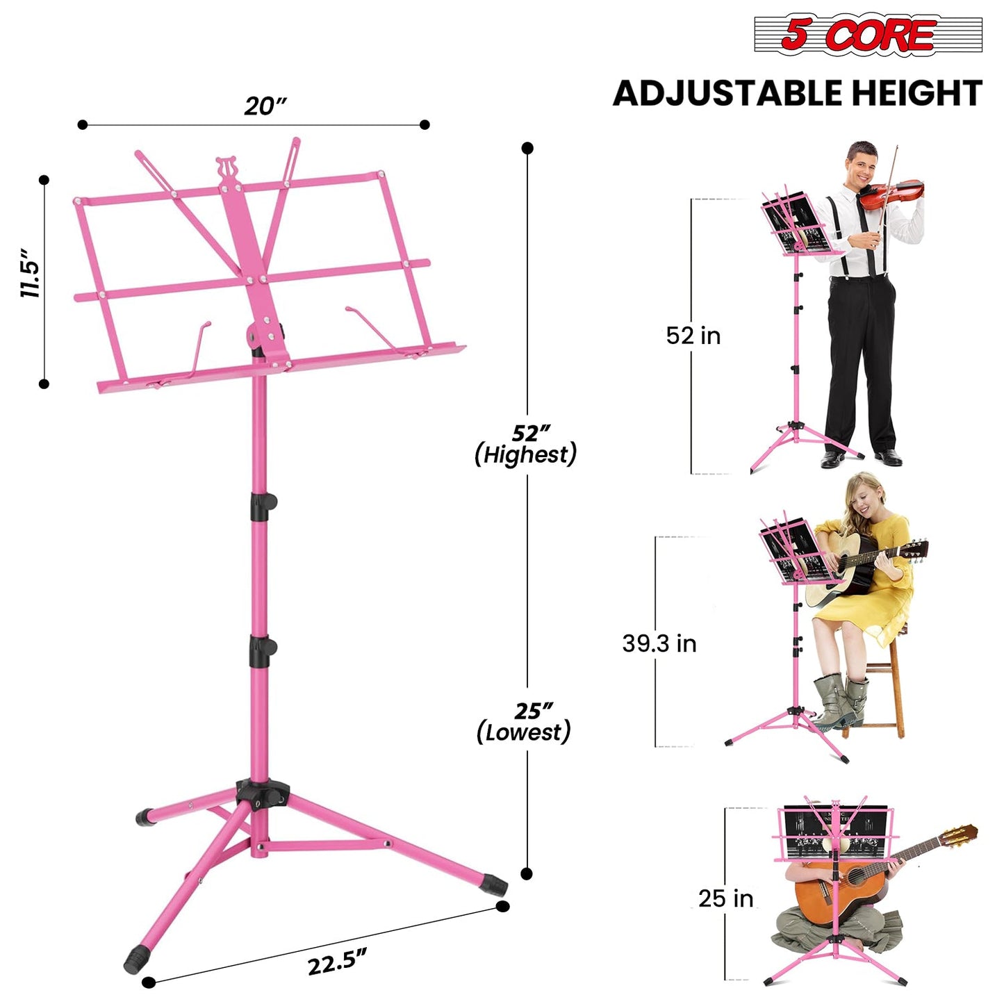 5Core Music Stand For Sheet Music Portable Tripod Adjustable Folding Note Holder Standard PINK-1