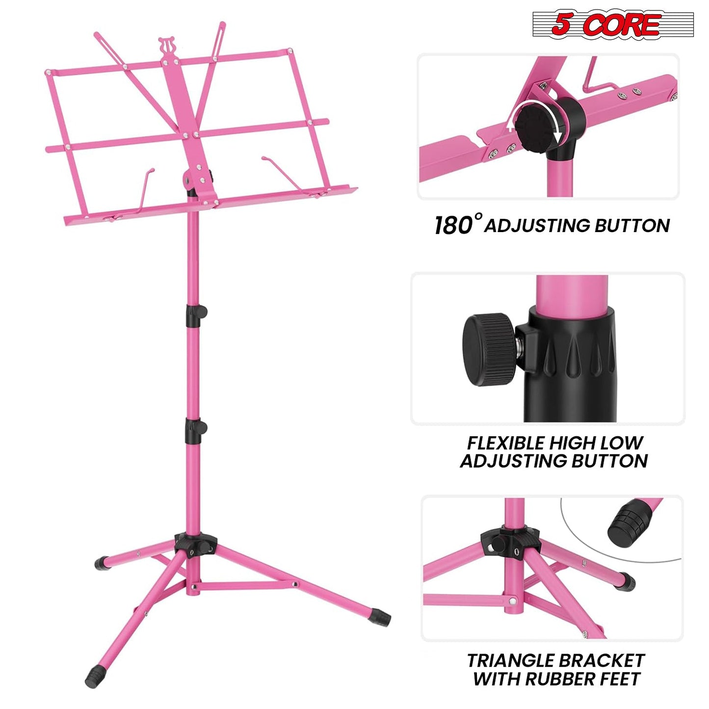 5Core Music Stand For Sheet Music Portable Tripod Adjustable Folding Note Holder Standard PINK-2