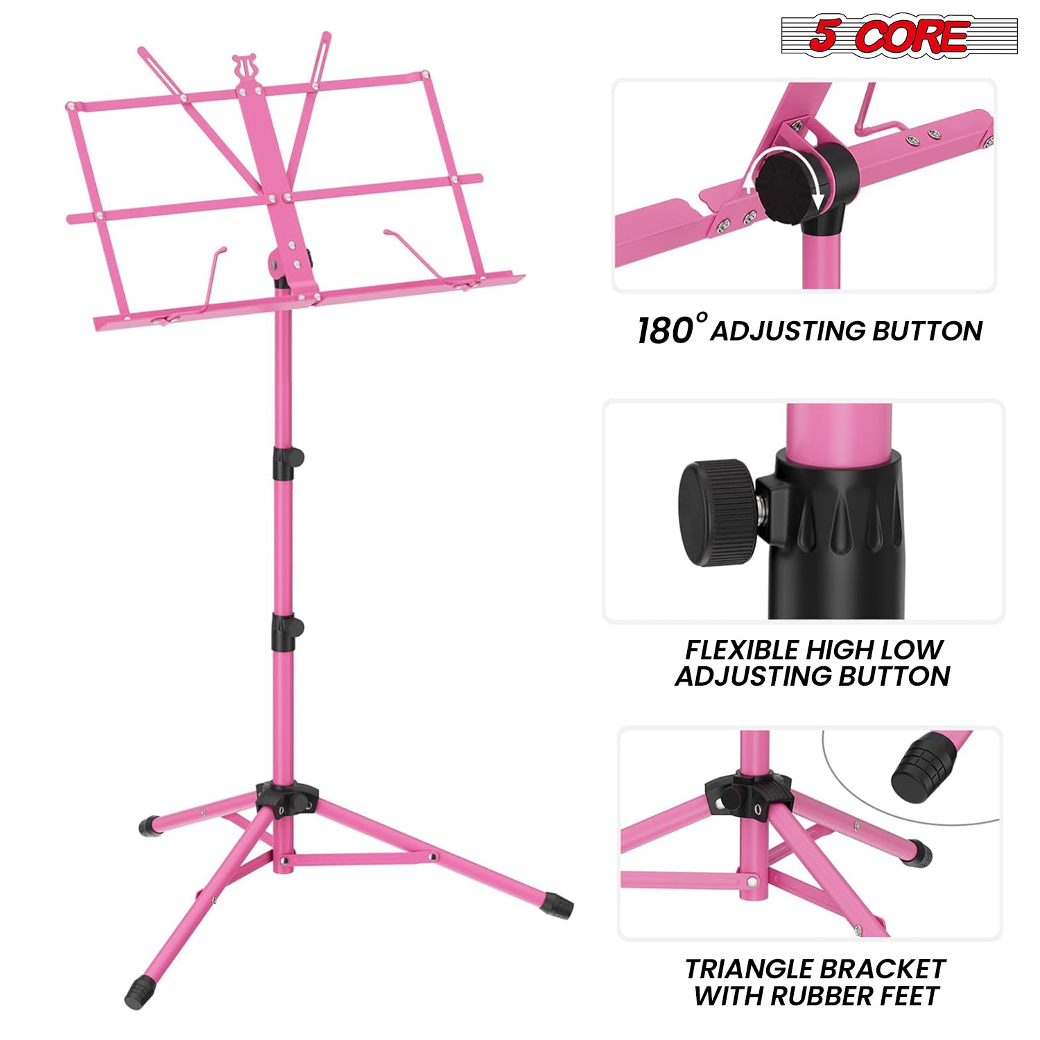 5Core Music Stand For Sheet Music Portable Tripod Adjustable Folding Note Holder Standard PINK-2