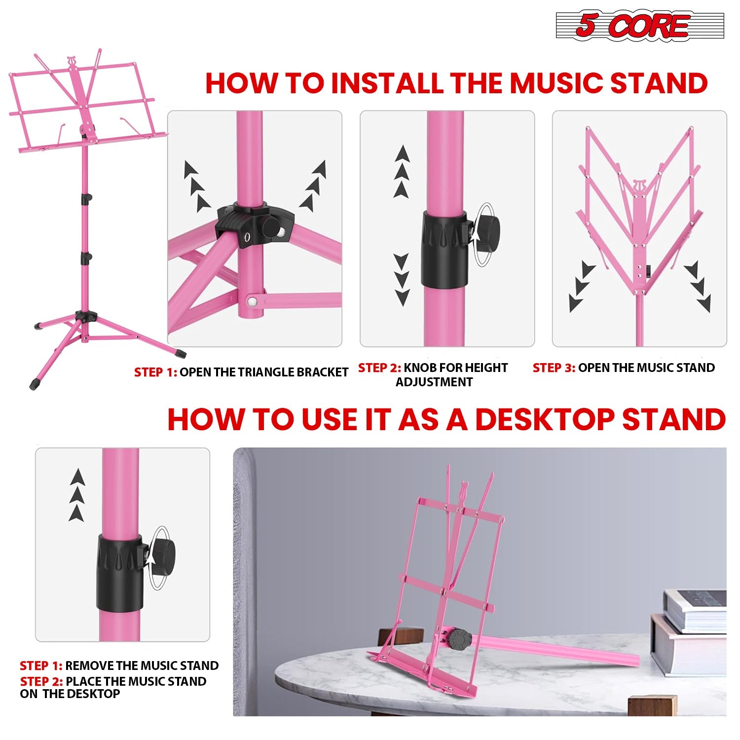 5Core Music Stand For Sheet Music Portable Tripod Adjustable Folding Note Holder Standard PINK-4