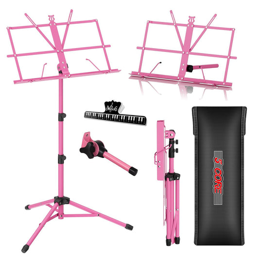 5Core Music Stand For Sheet Music Portable Tripod Adjustable Folding Note Holder Standard PINK-0